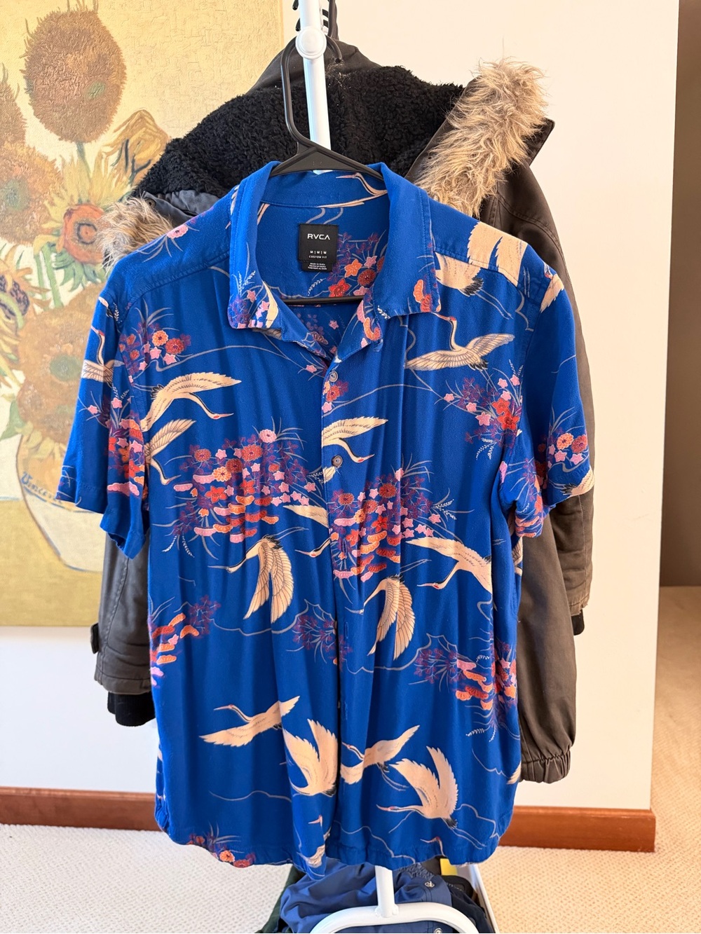 RVCA Blue Short-Sleeve Shirt Jacket with Peach Crane Print